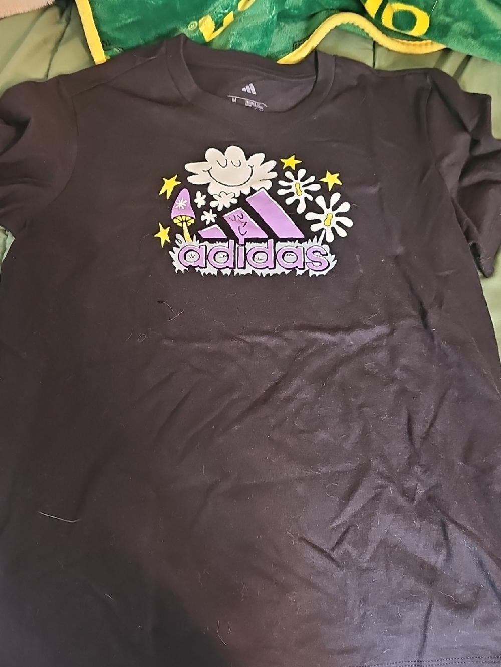 adidas Black Short-Sleeve Tee with Purple Logo and Yellow Stars